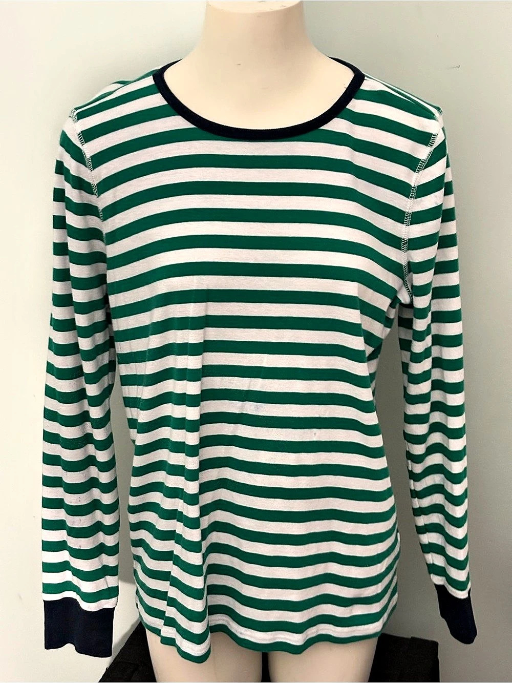 J.Crew Striped Long Sleeve Top in Green & White Size Large Like New